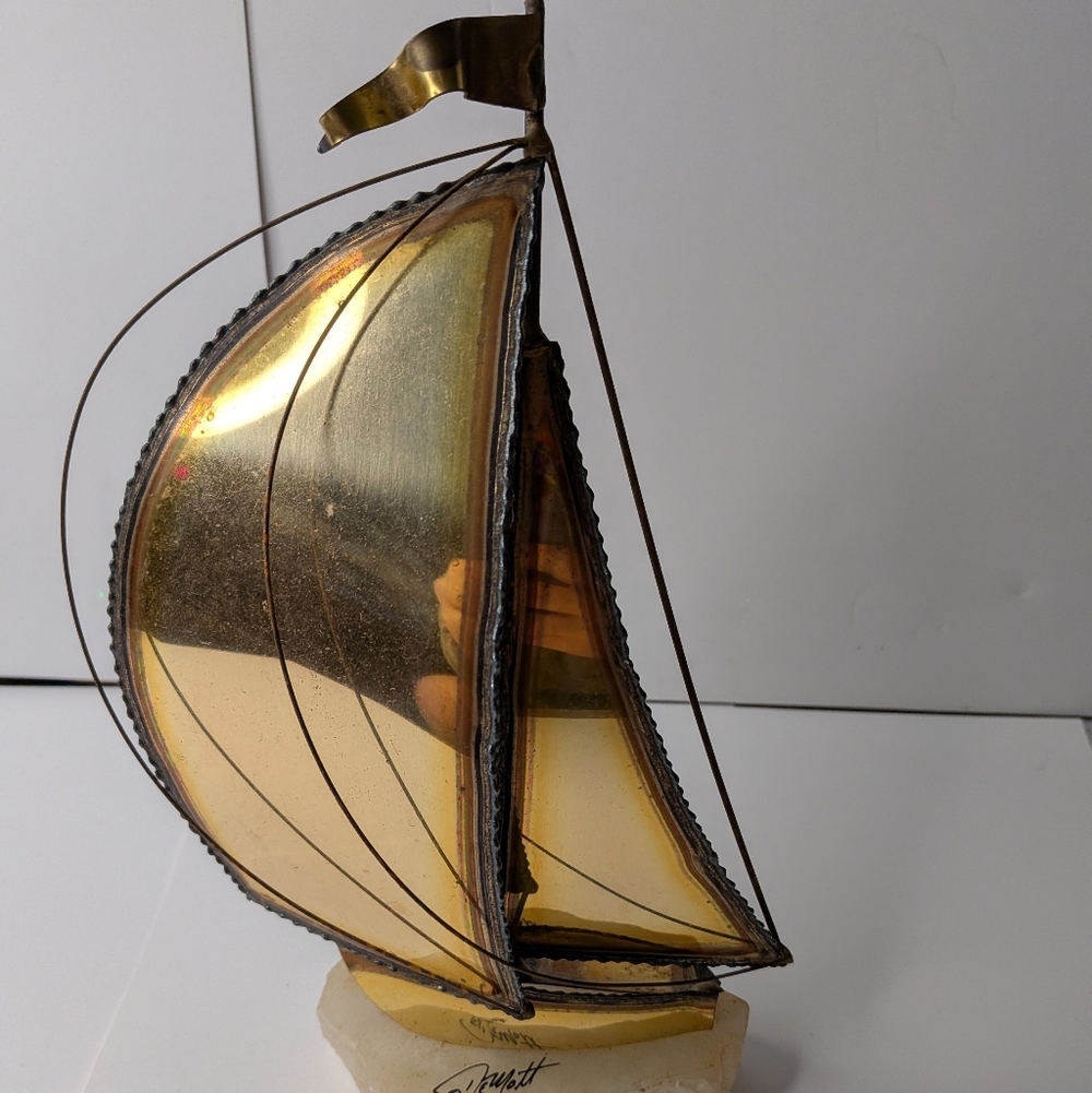 Vintage Don DeMott Signed Brutalist Brass Sailboat Sculpture on Onyx Base